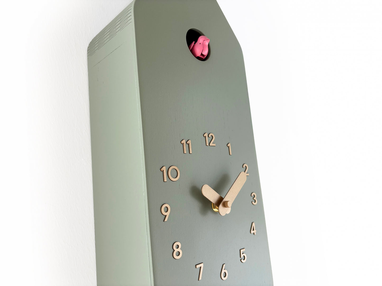 Cuckoo Clock - Sage with Brass painted accessories and Gum Pink Bird