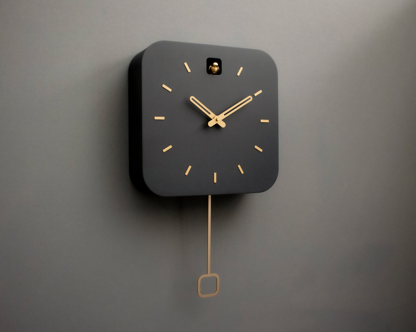 Modern Cuckoo Clock, Anthracite & Brass, Minimalist Wall Clock, Scandinavian Decor