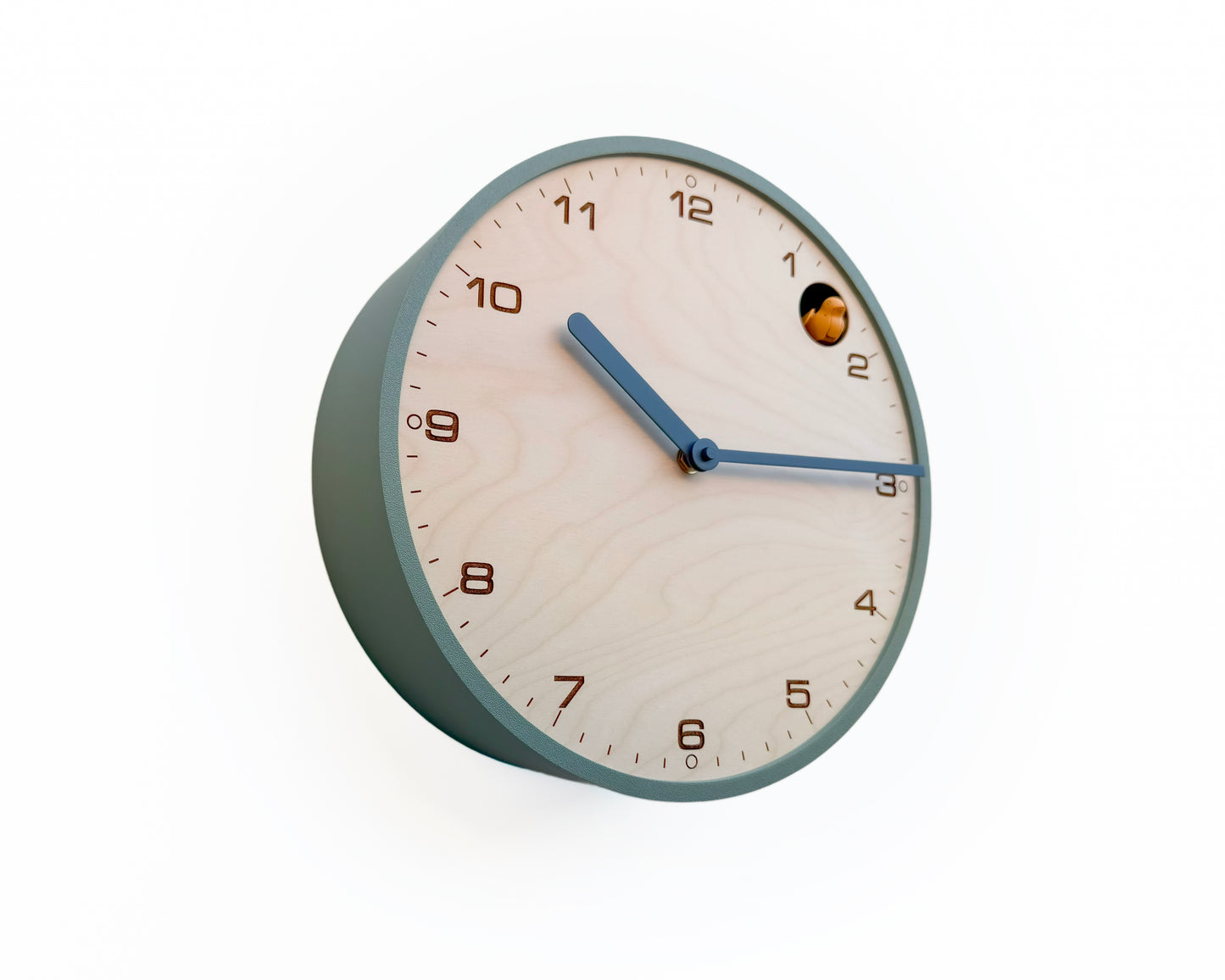 Modern Cuckoo Clock, Muted Green Case, Birch Wood Face, Minimalist Wall Décor