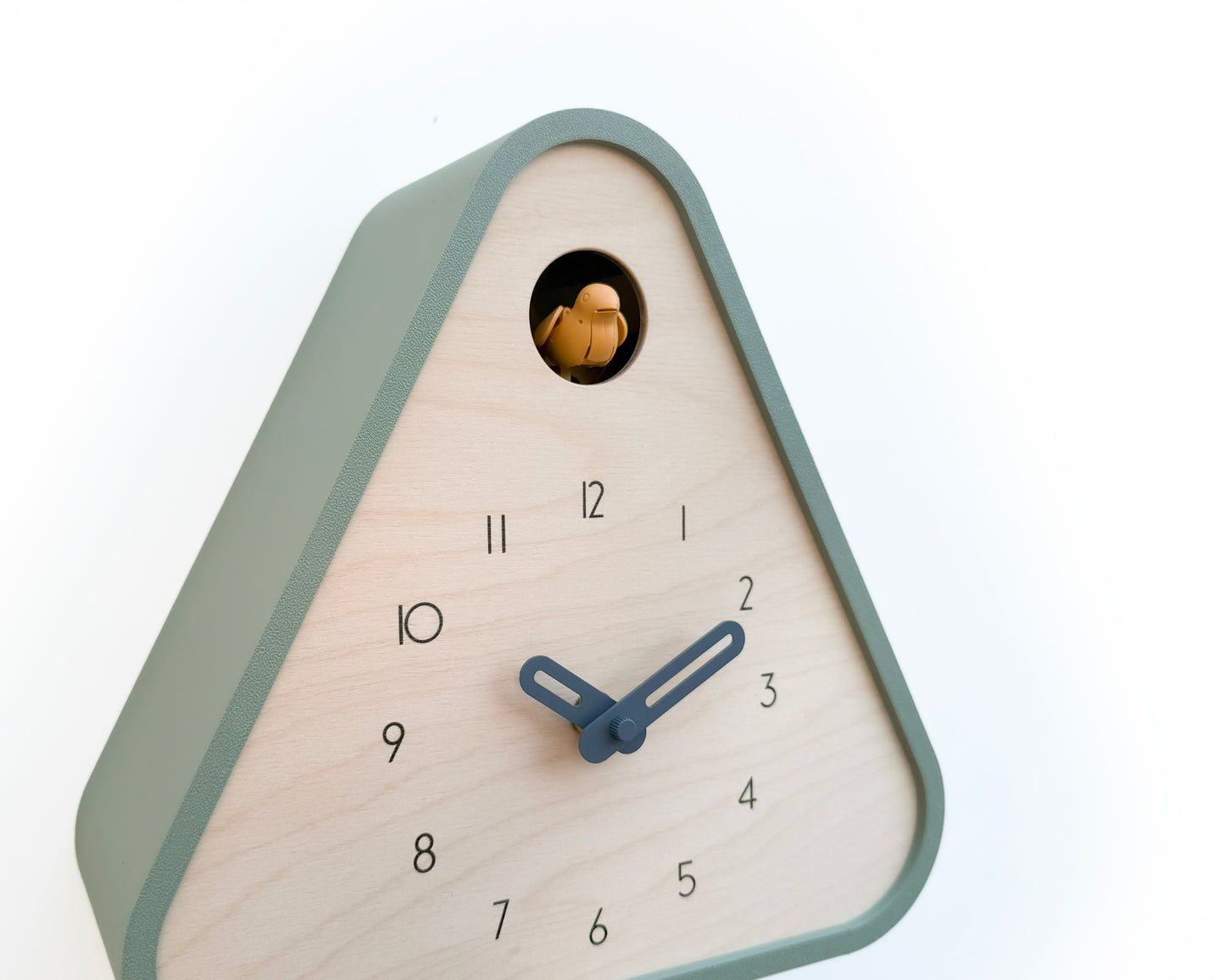 Modern Cuckoo Clock - Muted Green with Amber bird and Wind clock hands