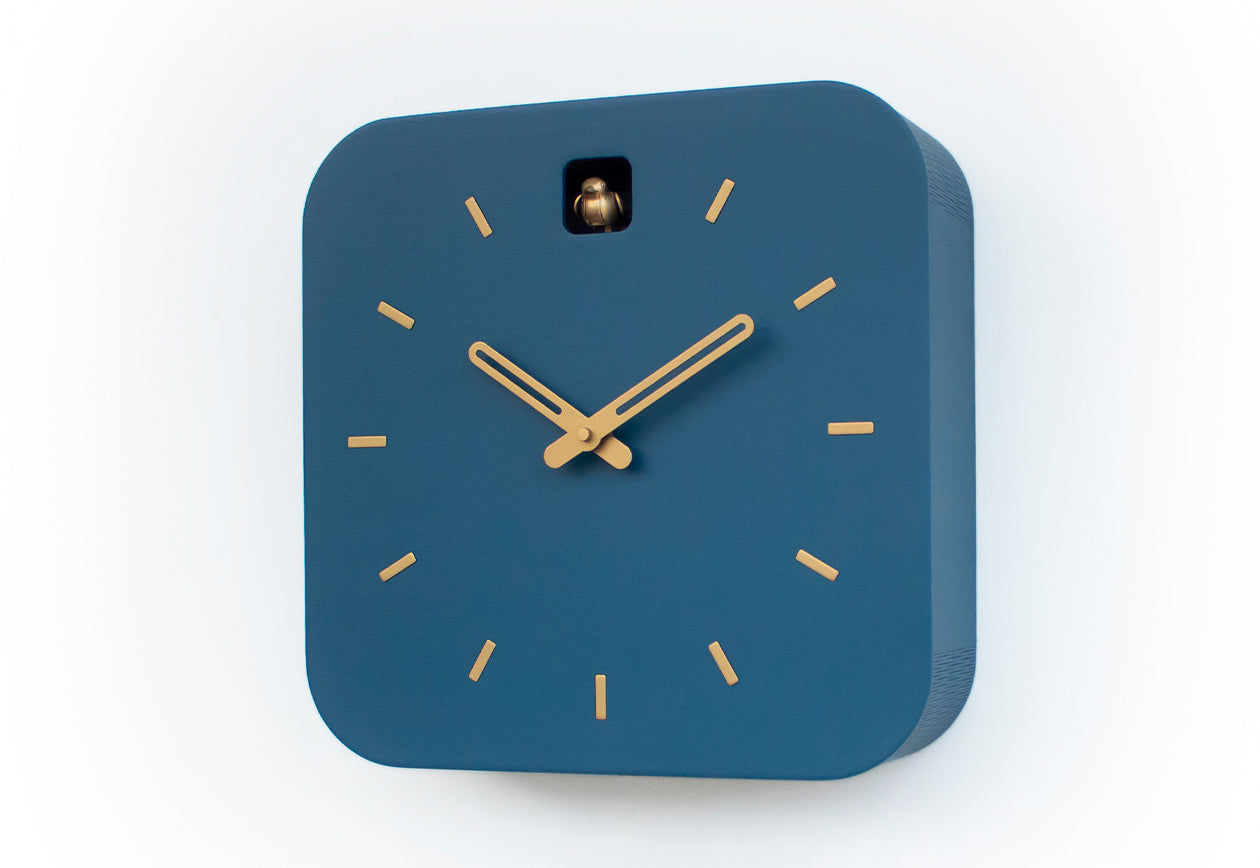 Minimalist Cuckoo Clock, Fresco Blue Wall Clock with Brass Details, Modern Home Décor