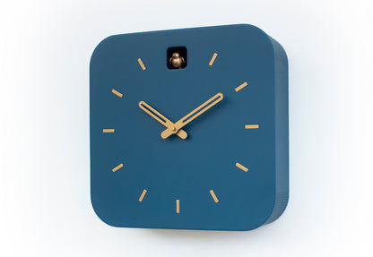 Minimalist Cuckoo Clock, Fresco Blue Wall Clock with Brass Details, Modern Home Décor