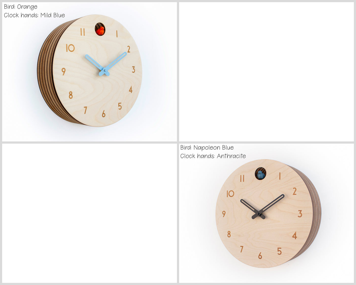 Minimal Wooden Wall Clock – Modern Birch Design with Custom Color Hands and Bird