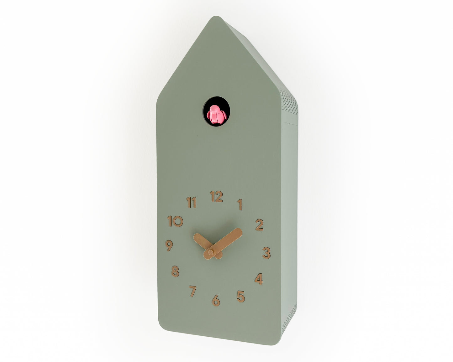 Cuckoo Clock - Sage with Brass painted accessories and Gum Pink Bird