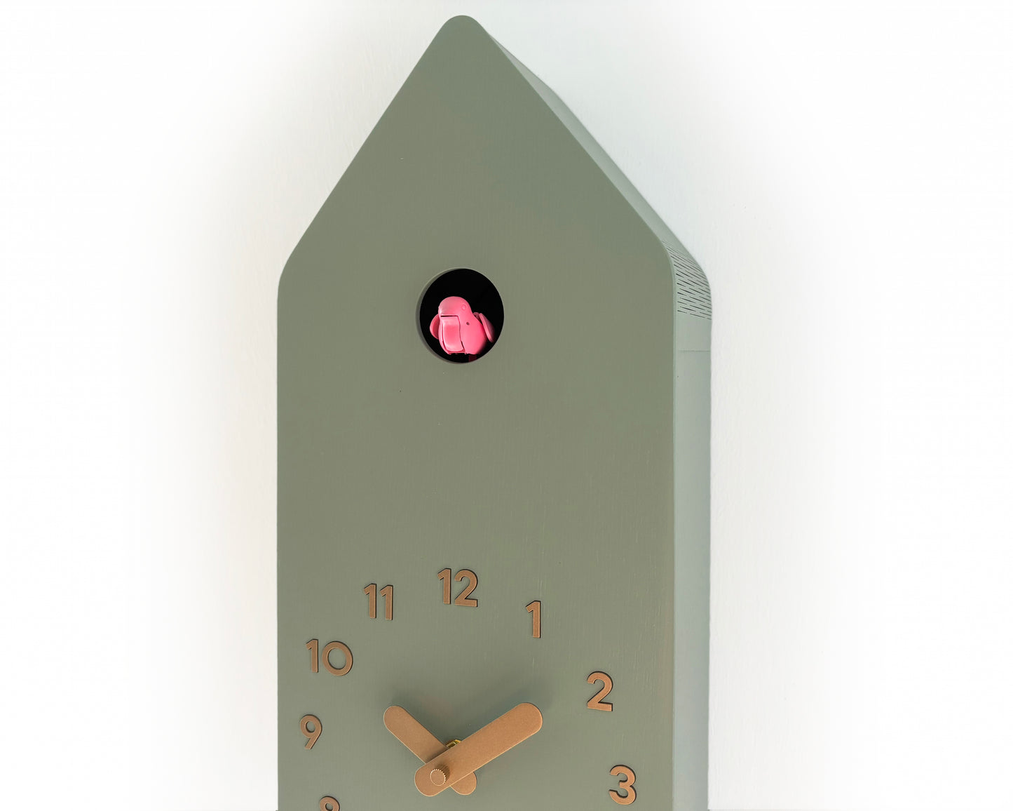 Cuckoo Clock - Sage with Brass painted accessories and Gum Pink Bird