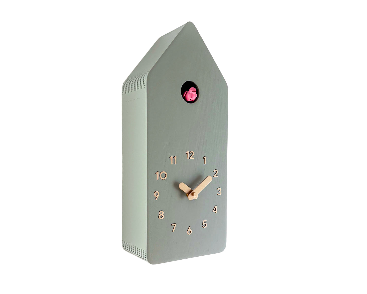 Cuckoo Clock - Sage with Brass painted accessories and Gum Pink Bird