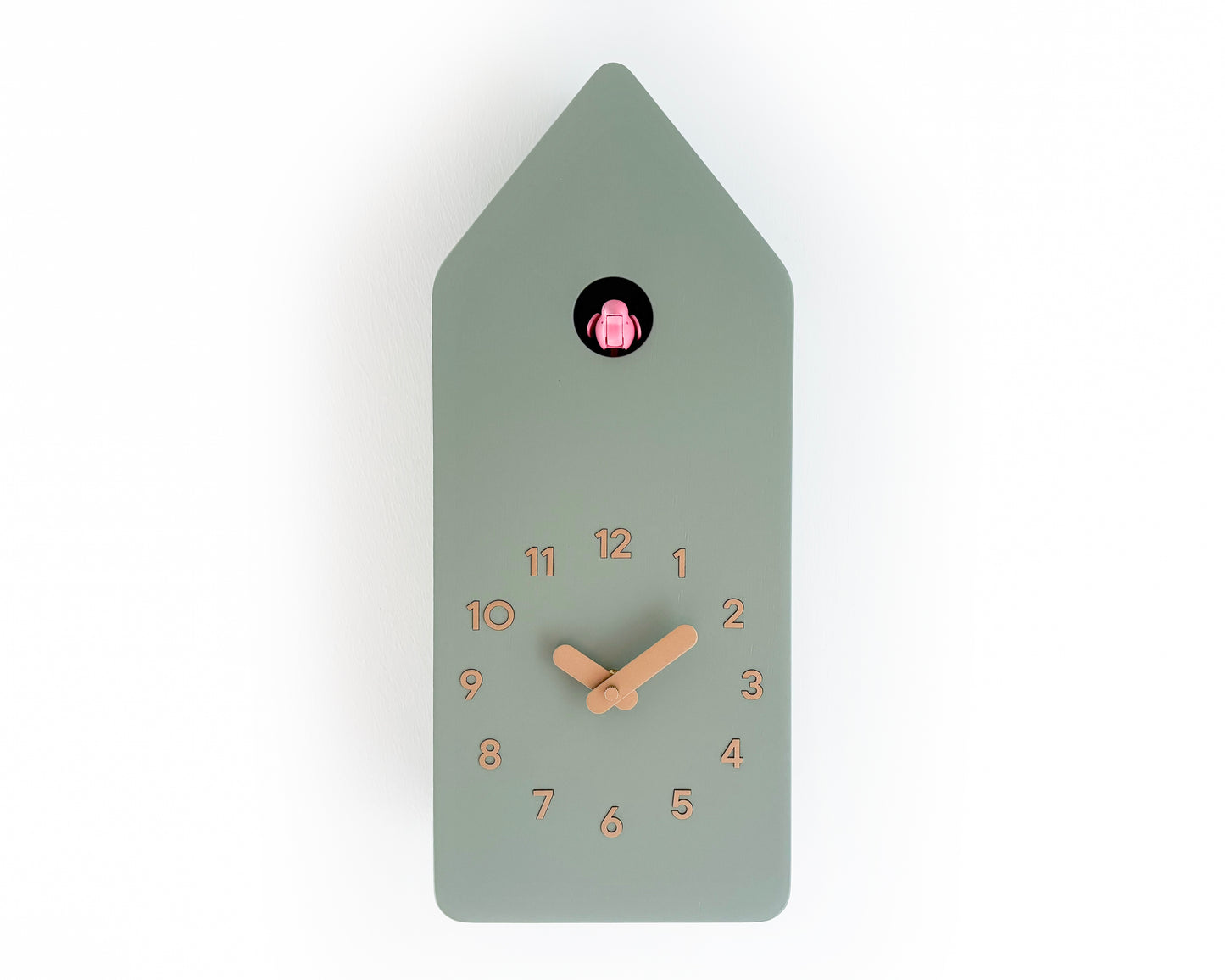 Cuckoo Clock - Sage with Brass painted accessories and Gum Pink Bird