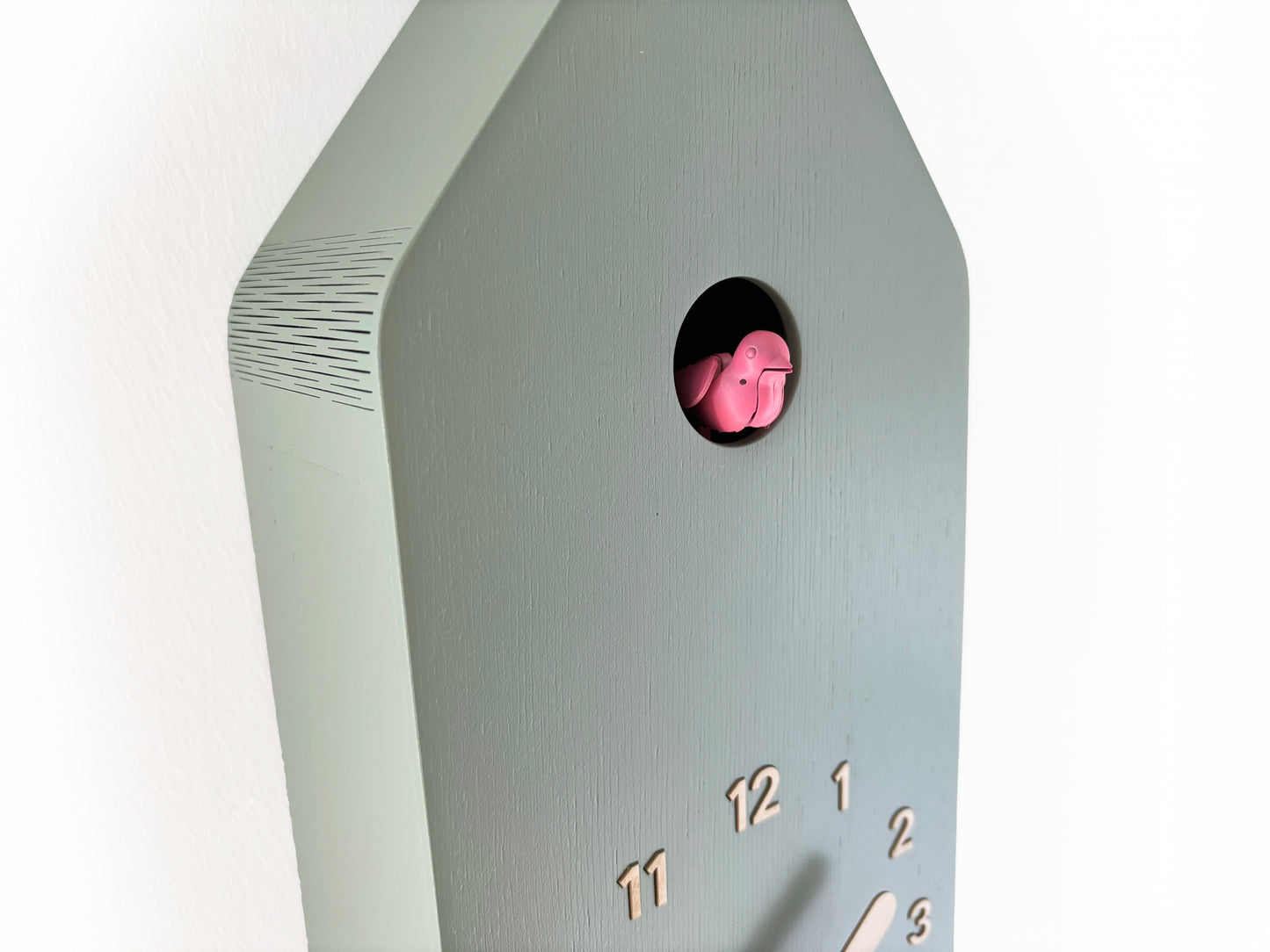 Cuckoo Clock - Sage with Brass painted accessories and Gum Pink Bird