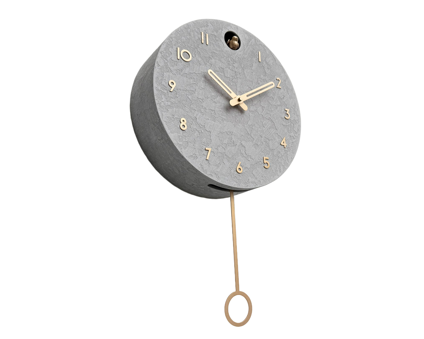 Modern Cuckoo Clock Concrete Look – Minimalist Wall Clock, Brass Details Décor
