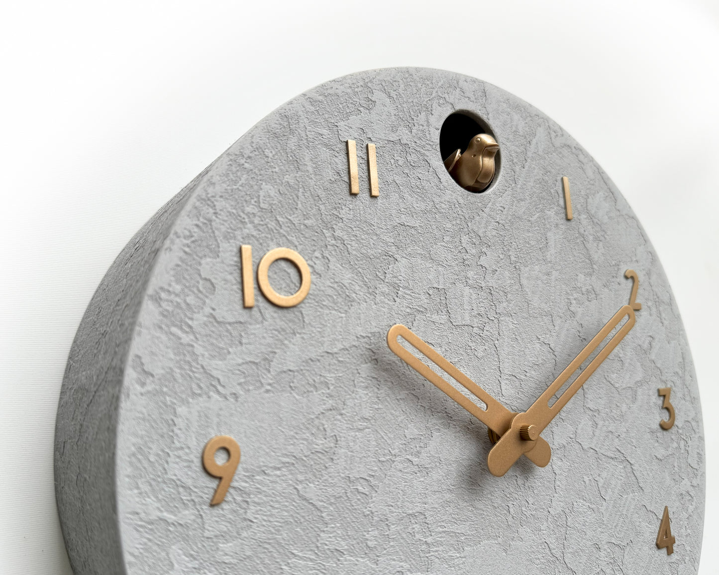 Modern Cuckoo Clock Concrete Look – Minimalist Wall Clock, Brass Details Décor
