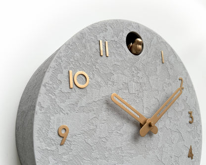 Modern Cuckoo Clock Concrete Look – Minimalist Wall Clock, Brass Details Décor