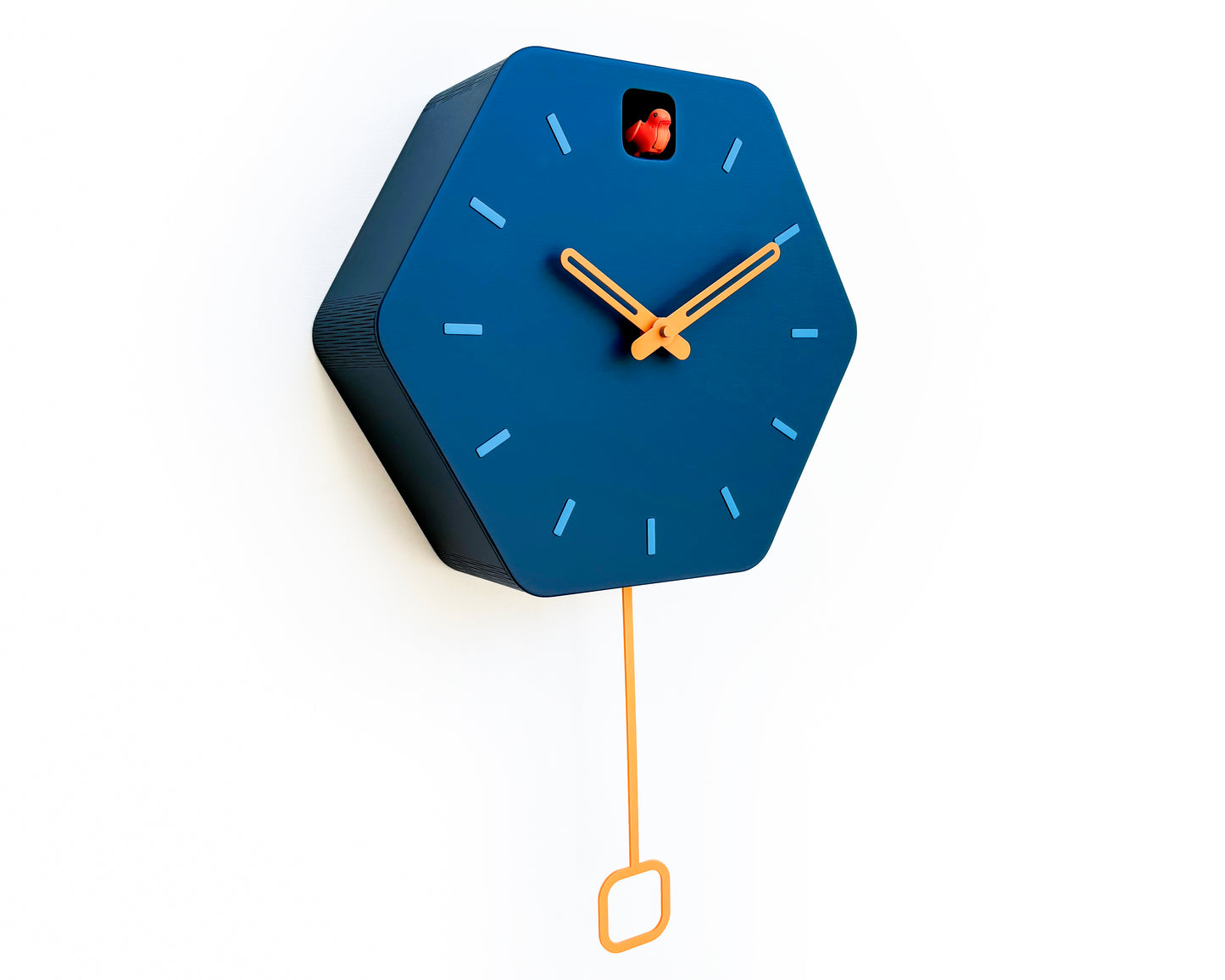 Hexagon Cuckoo Clock - Fresco with Orange Bird, Turquoise Lines and Light Orange Accessories