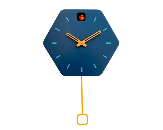 Hexagon Cuckoo Clock - Fresco with Orange Bird, Turquoise Lines and Light Orange Accessories