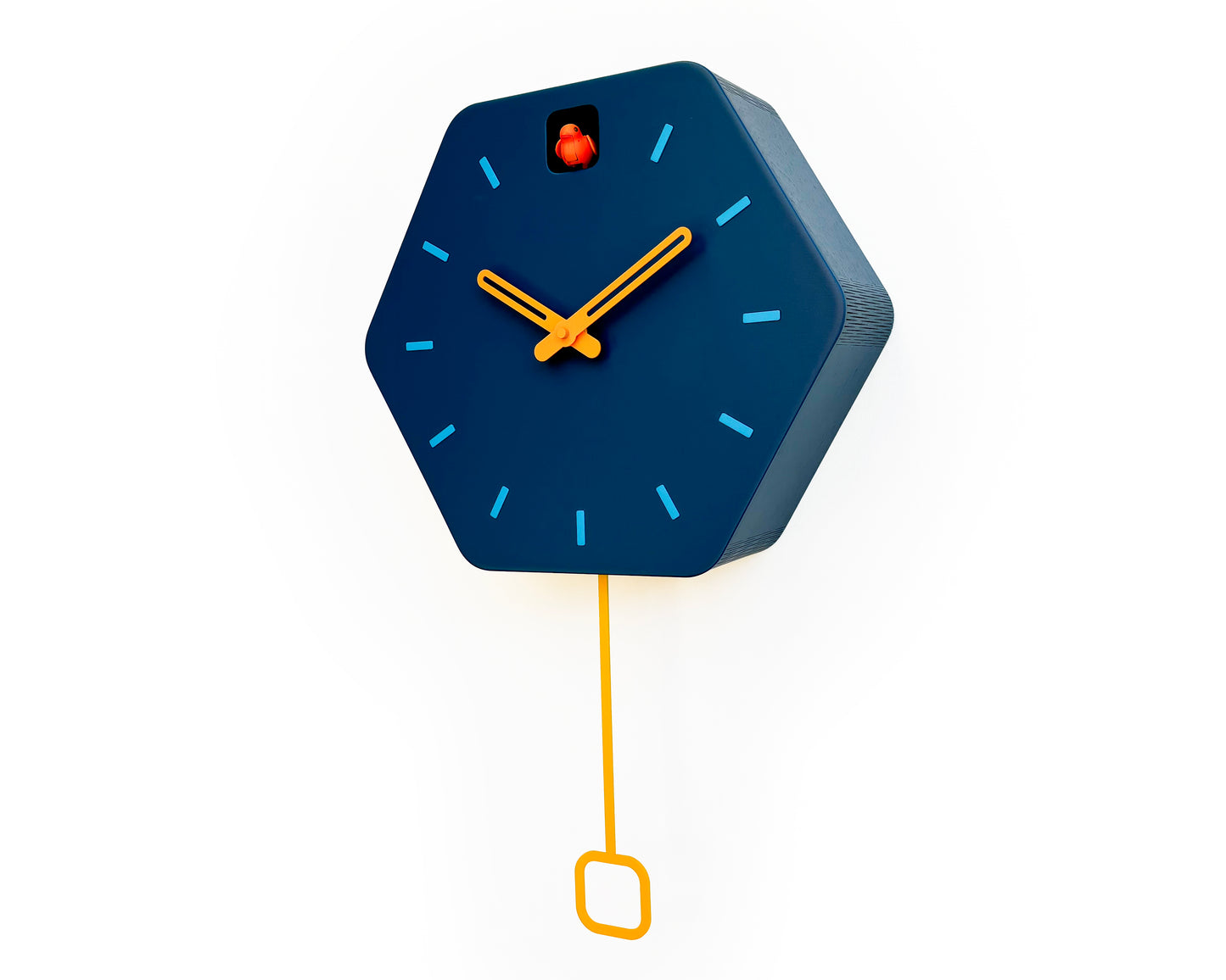 Hexagon Cuckoo Clock - Fresco with Orange Bird, Turquoise Lines and Light Orange Accessories
