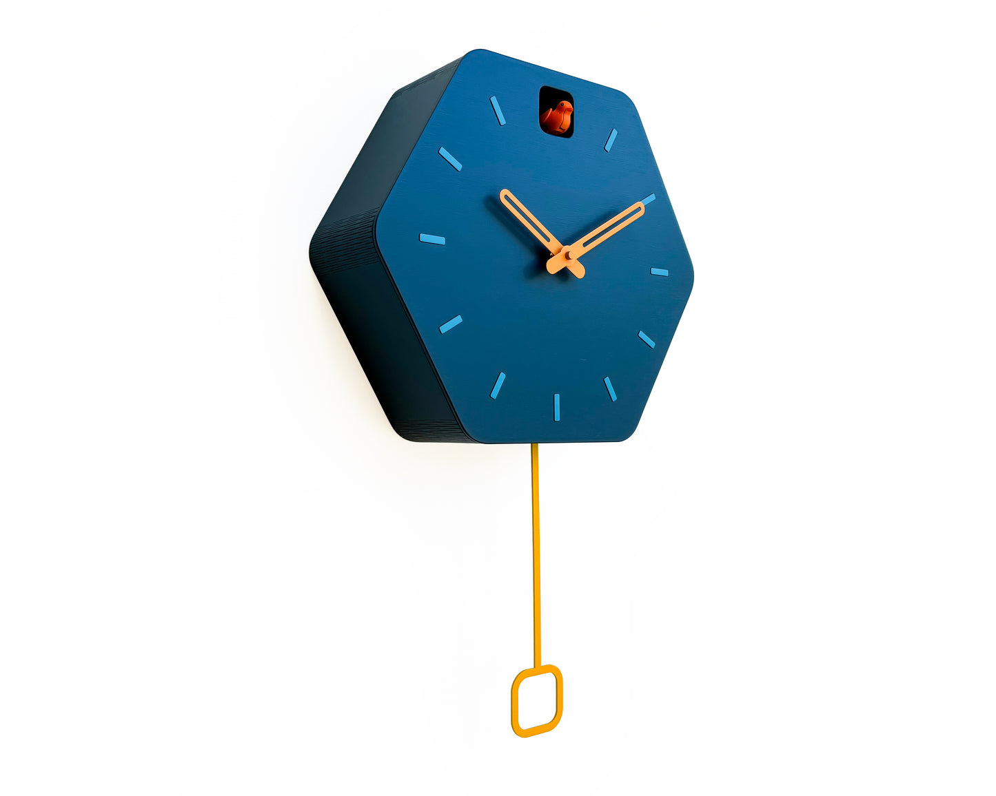 Hexagon Cuckoo Clock - Fresco with Orange Bird, Turquoise Lines and Light Orange Accessories