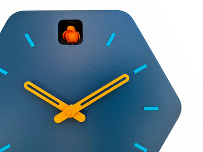 Hexagon Cuckoo Clock - Fresco with Orange Bird, Turquoise Lines and Light Orange Accessories