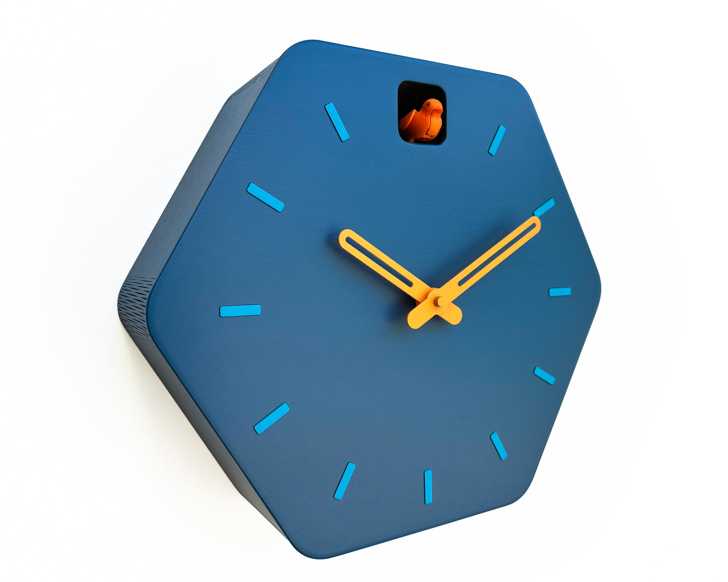 Hexagon Cuckoo Clock - Fresco with Orange Bird, Turquoise Lines and Light Orange Accessories