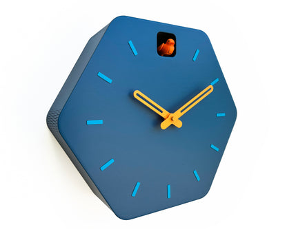 Hexagon Cuckoo Clock - Fresco with Orange Bird, Turquoise Lines and Light Orange Accessories