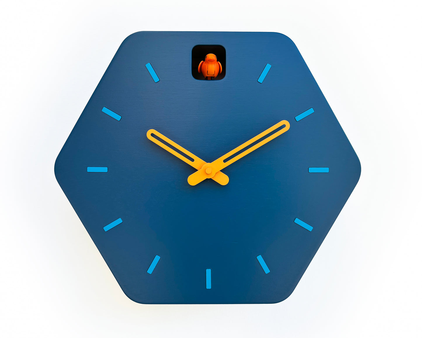 Hexagon Cuckoo Clock - Fresco with Orange Bird, Turquoise Lines and Light Orange Accessories