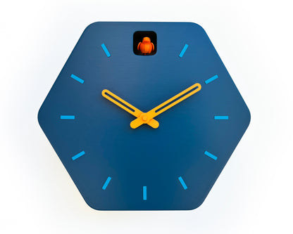 Hexagon Cuckoo Clock - Fresco with Orange Bird, Turquoise Lines and Light Orange Accessories