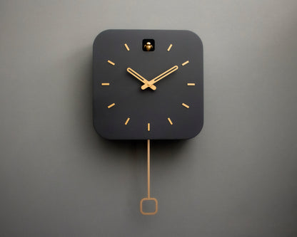 Modern Cuckoo Clock, Anthracite & Brass, Minimalist Wall Clock, Scandinavian Decor