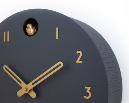 Minimalist Cuckoo Clock – Modern Wooden Wall Clock, Scandinavian Home Decor, Anthracite with Brass Details