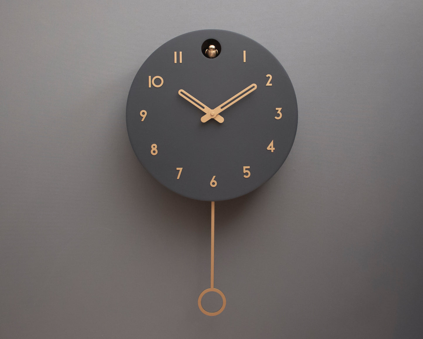 Minimalist Cuckoo Clock – Modern Wooden Wall Clock, Scandinavian Home Decor, Anthracite with Brass Details