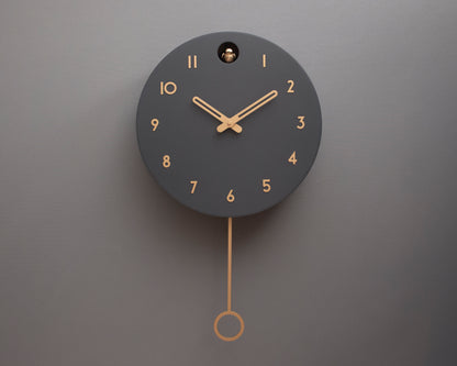Minimalist Cuckoo Clock – Modern Wooden Wall Clock, Scandinavian Home Decor, Anthracite with Brass Details