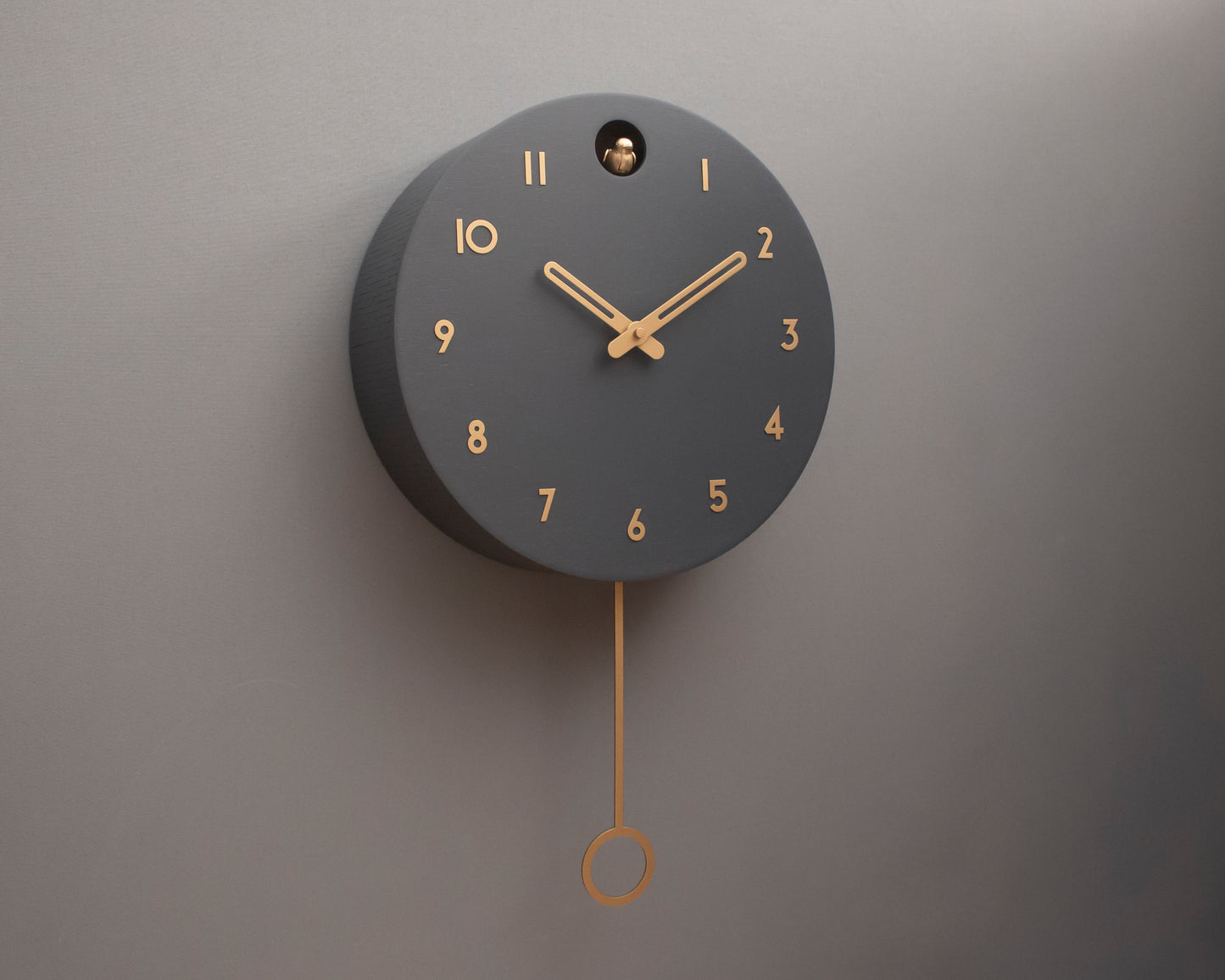 Minimalist Cuckoo Clock – Modern Wooden Wall Clock, Scandinavian Home Decor, Anthracite with Brass Details