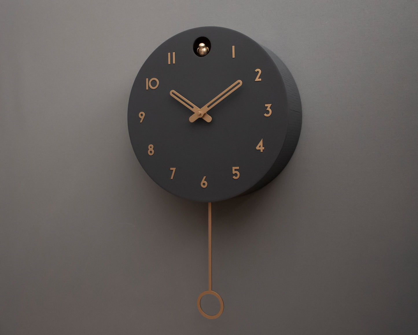 Minimalist Cuckoo Clock – Modern Wooden Wall Clock, Scandinavian Home Decor, Anthracite with Brass Details