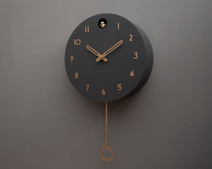 Minimalist Cuckoo Clock – Modern Wooden Wall Clock, Scandinavian Home Decor, Anthracite with Brass Details