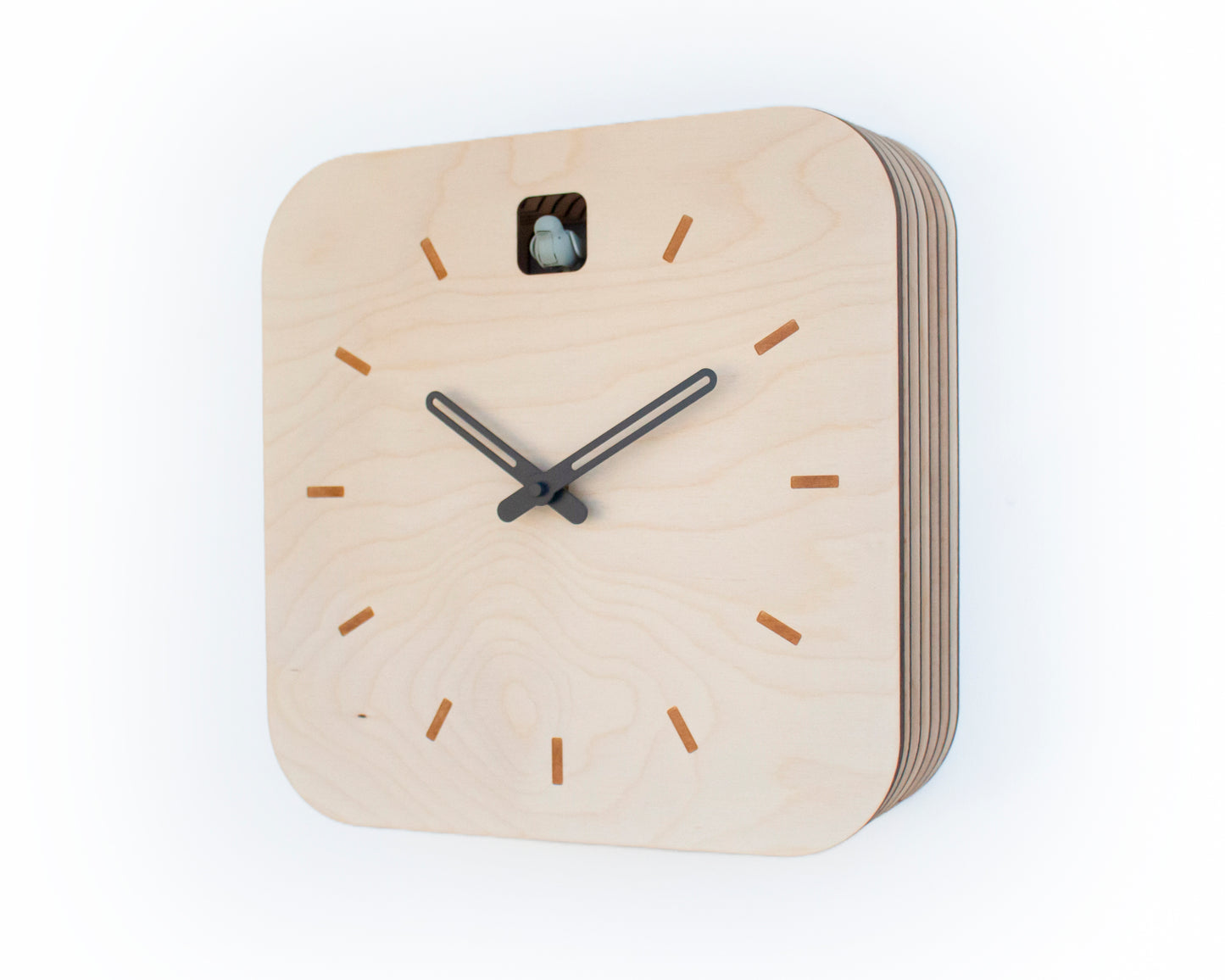 Minimal Wooden Wall Clock – Square Birch Plywood Design with Custom Color Hands and Bird