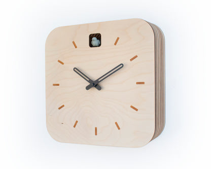 Minimal Wooden Wall Clock – Square Birch Plywood Design with Custom Color Hands and Bird