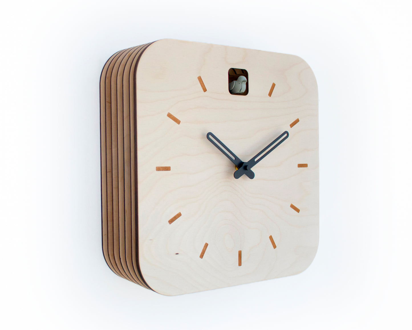 Minimal Wooden Wall Clock – Square Birch Plywood Design with Custom Color Hands and Bird