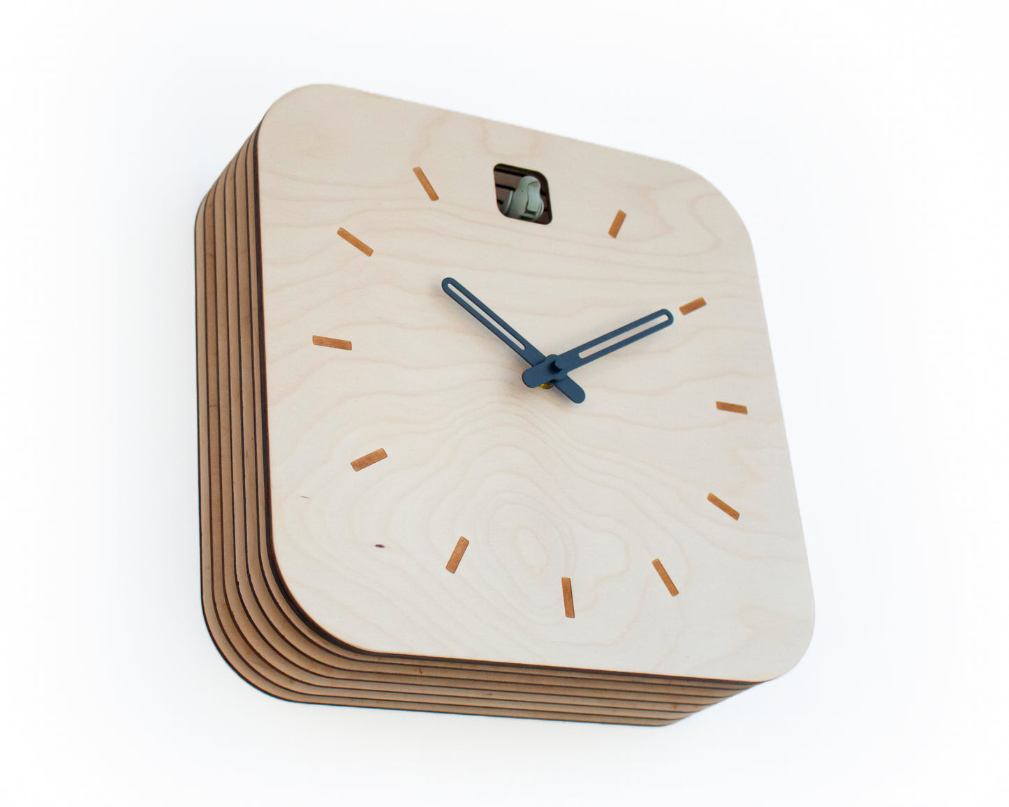 Minimal Wooden Wall Clock – Square Birch Plywood Design with Custom Color Hands and Bird