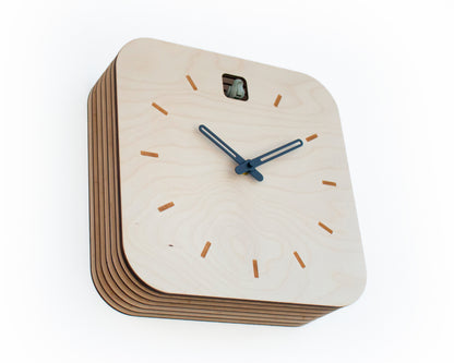 Minimal Wooden Wall Clock – Square Birch Plywood Design with Custom Color Hands and Bird