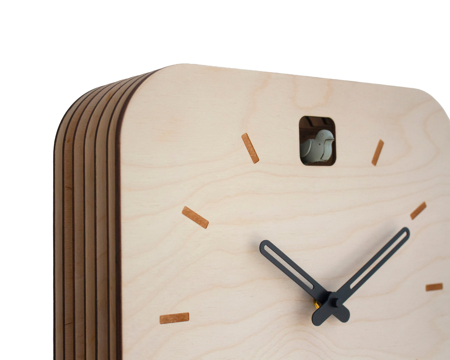 Minimal Wooden Wall Clock – Square Birch Plywood Design with Custom Color Hands and Bird