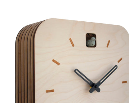 Minimal Wooden Wall Clock – Square Birch Plywood Design with Custom Color Hands and Bird