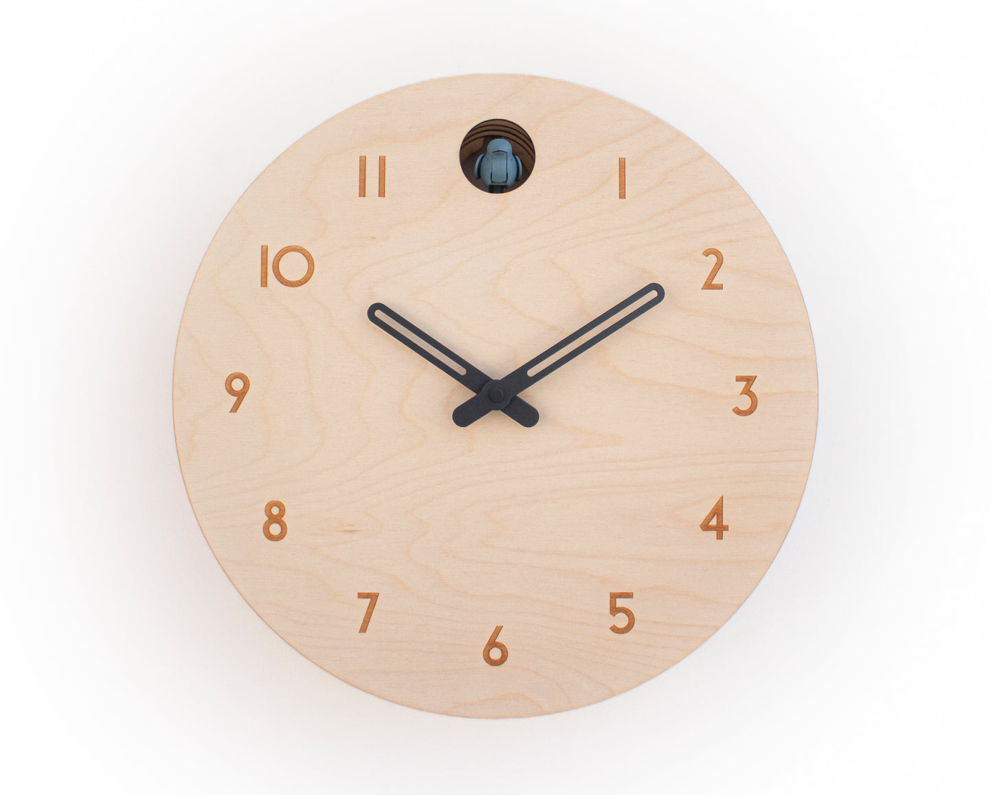 Minimal Wooden Wall Clock – Modern Birch Design with Custom Color Hands and Bird