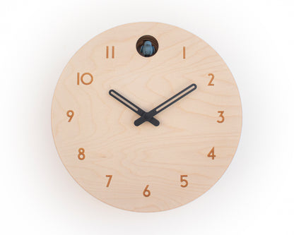 Minimal Wooden Wall Clock – Modern Birch Design with Custom Color Hands and Bird