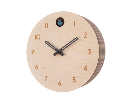 Minimal Wooden Wall Clock – Modern Birch Design with Custom Color Hands and Bird