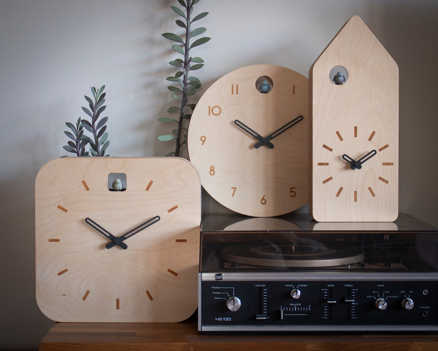 Minimal Wooden Wall Clock – Square Birch Plywood Design with Custom Color Hands and Bird
