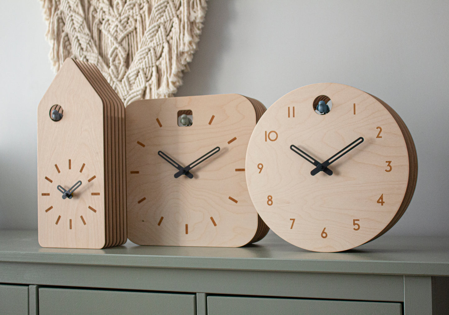 Minimal Wooden Wall Clock – House Shape Birch Design with Custom Colors