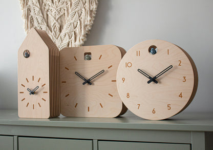 Minimal Wooden Wall Clock – Square Birch Plywood Design with Custom Color Hands and Bird