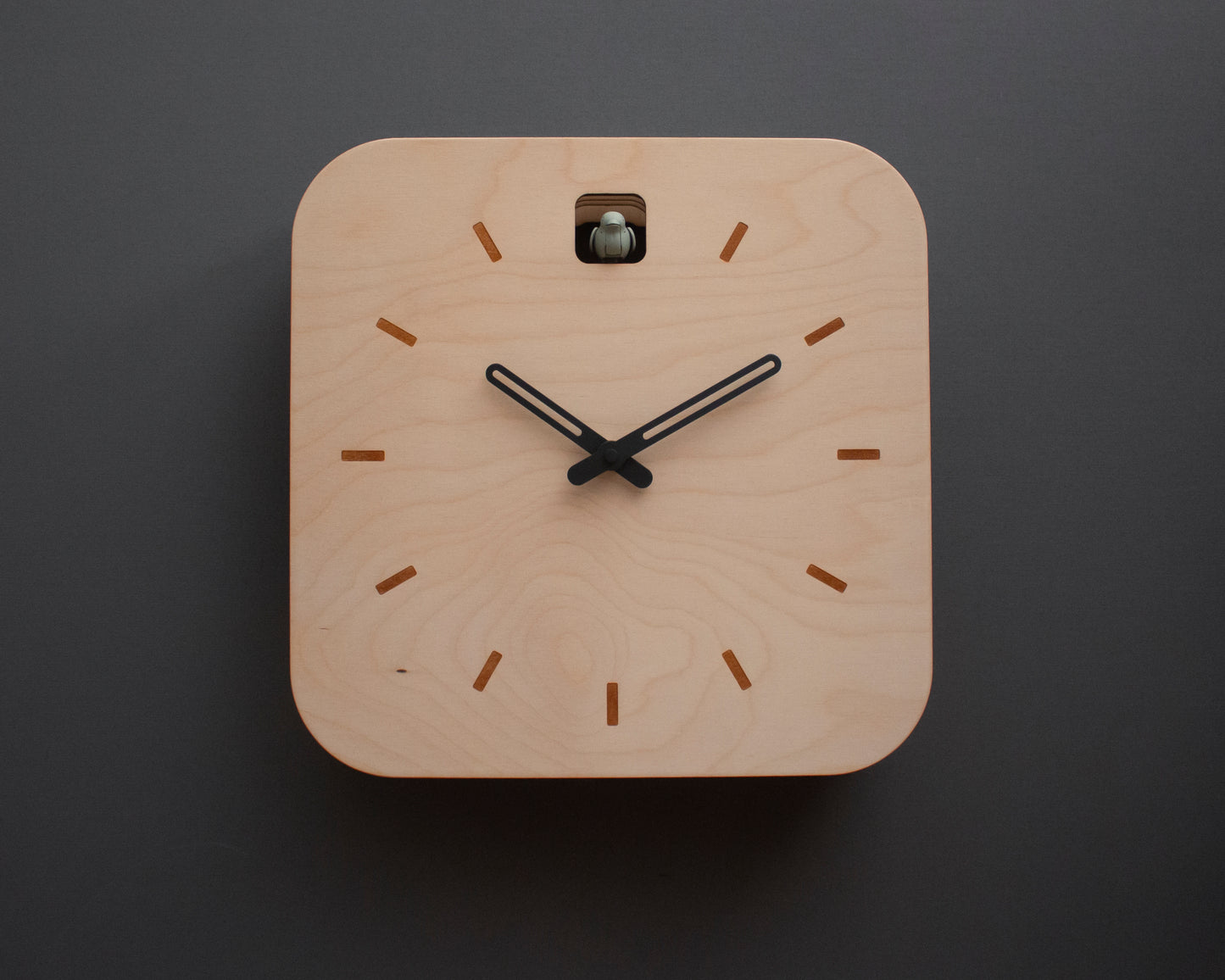 Minimal Wooden Wall Clock – Square Birch Plywood Design with Custom Color Hands and Bird