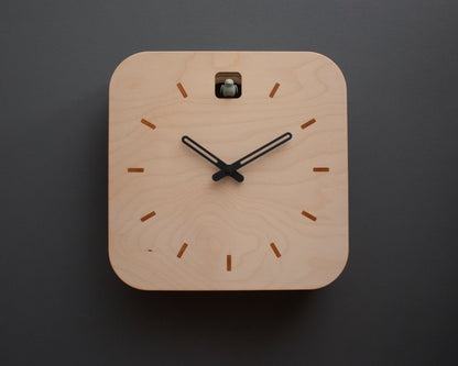 Minimal Wooden Wall Clock – Square Birch Plywood Design with Custom Color Hands and Bird
