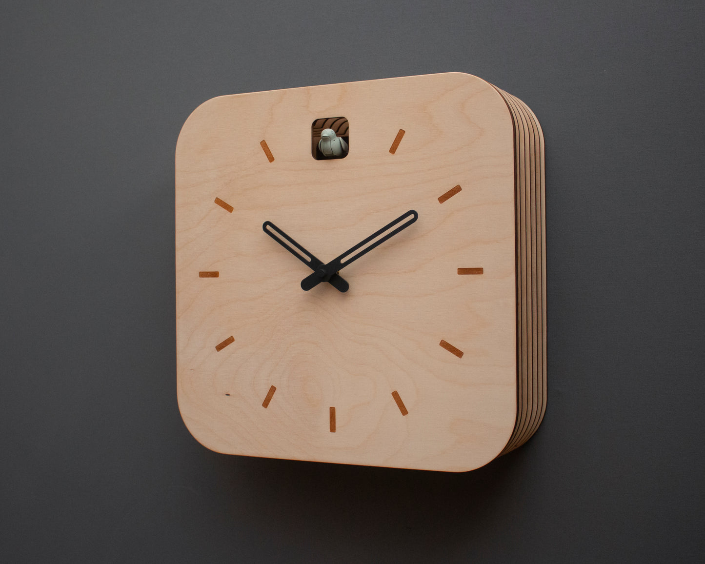 Minimal Wooden Wall Clock – Square Birch Plywood Design with Custom Color Hands and Bird