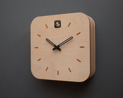 Minimal Wooden Wall Clock – Square Birch Plywood Design with Custom Color Hands and Bird