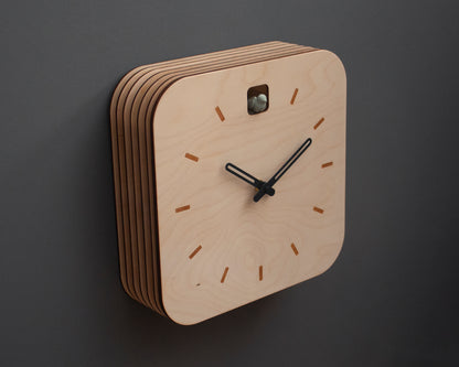 Minimal Wooden Wall Clock – Square Birch Plywood Design with Custom Color Hands and Bird