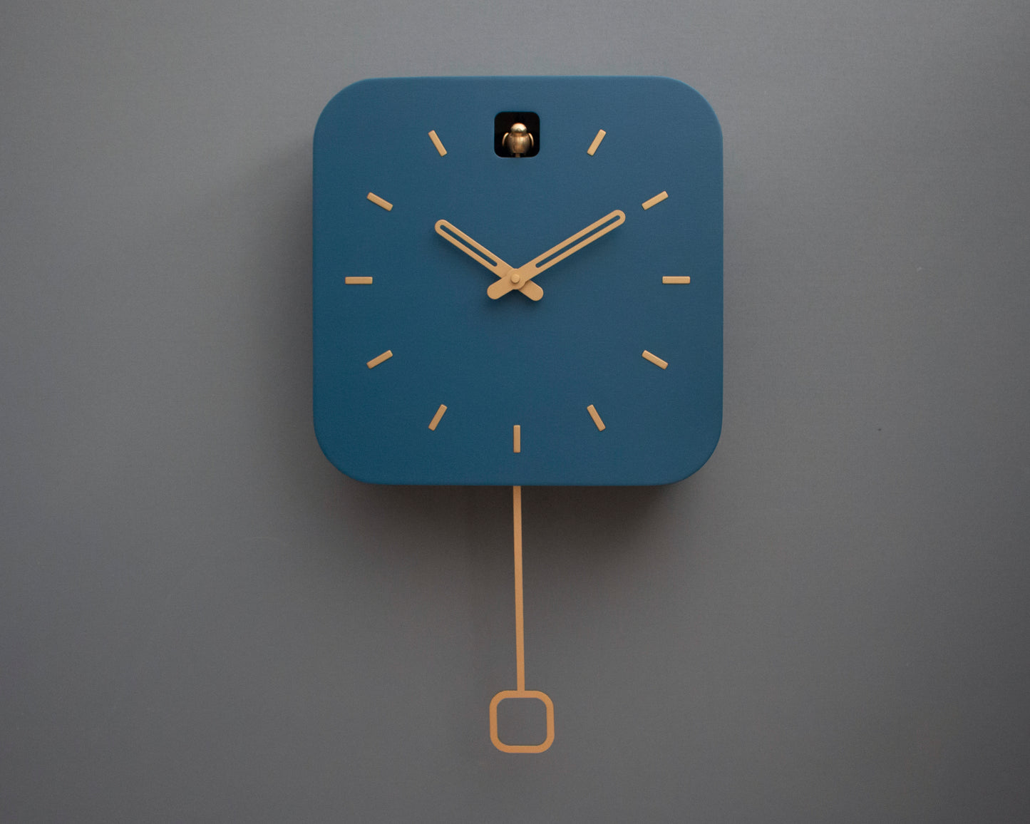 Minimalist Cuckoo Clock, Fresco Blue Wall Clock with Brass Details, Modern Home Décor
